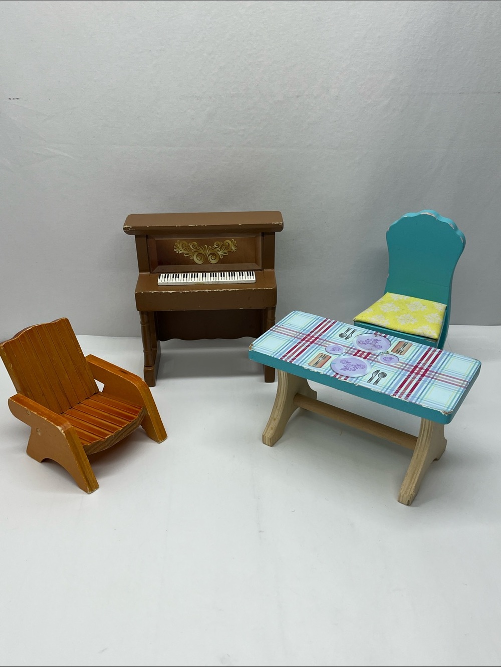 Kids Wooden Dollhouse Furniture Set - Teal, Brown, Orange